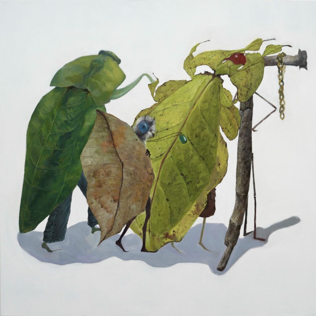My creative practice stems from an exploration of the parallels between natural camouflage and the construction of identity in human society. Leaf insects merge with their surroundings through their appearance in order to survive and remain unseen. Similarly, humans continuously modify their outward image—through clothing, objects, and external symbols—to adapt to different social situations and to be accepted within certain groups. In my view, camouflage is not merely about concealment, but also a deliberate strategy and a form of language. In my work, I combine leaf insects with human forms, adding daily objects that carry social meaning—assigning these mimetic beings new identities and roles. These figures exist between nature and culture, between authenticity and performance, forming visual allegories within the paintings. They pose questions: Who are we, really? Are we presenting the self, or a mask shaped by our environment? My work seeks a subtle tension between hiding and expressing, inviting viewers to reconsider the relationship between the individual and the surrounding world.