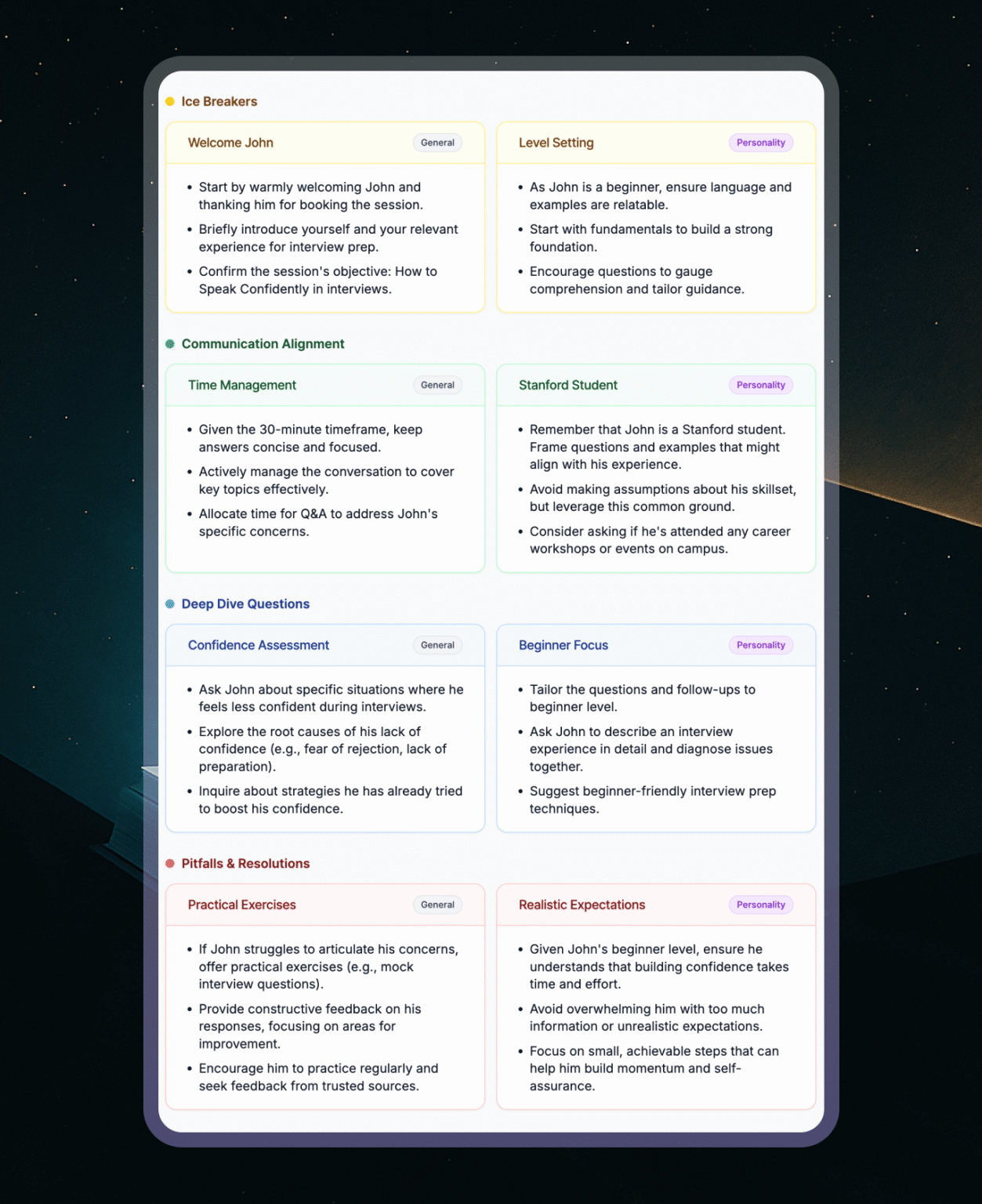 From icebreakers to action plans, the Session Compass makes mentorship more effective by using personality and resume data to prepare mentors and mentees before a mentorship session.