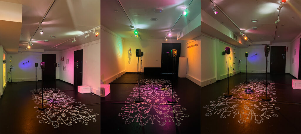full view of the exhibition sooperdooperlooper from three diferent angles.