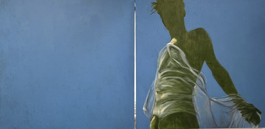 Diptych, Oil painting by Alan Brash, titled Male in Shadow, 200 x 100 cm