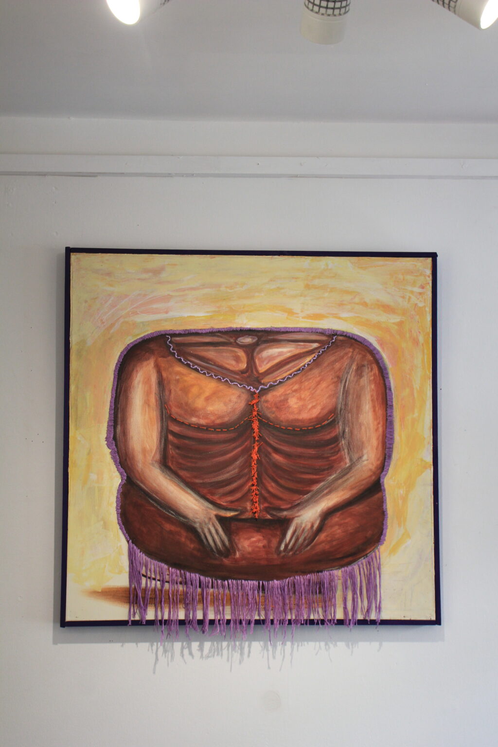 embroidery, terracota, purple thread, beige, mexican folklore